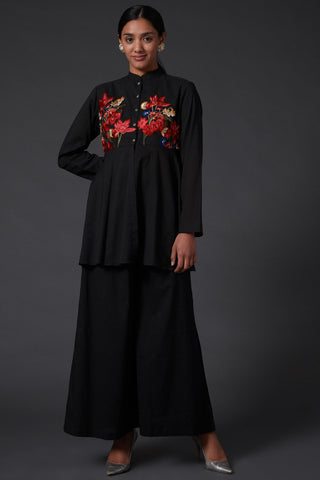 Balance By Rohit Bal-Black Embroidered Peplum Top With Palazzo-INDIASPOPUP.COM