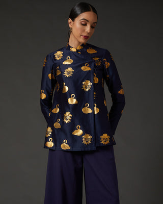 Balance By Rohit Bal-Indigo Blue Gold Block Printed Tunic-INDIASPOPUP.COM