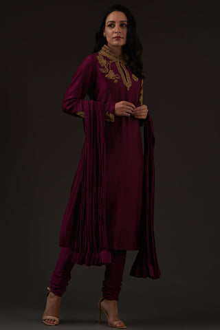 Balance By Rohit Bal-Plum Embroidered Straight Kurta Set-INDIASPOPUP.COM