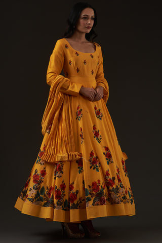 Balance By Rohit Bal-Mango Yellow Printed Anarkali Set-INDIASPOPUP.COM