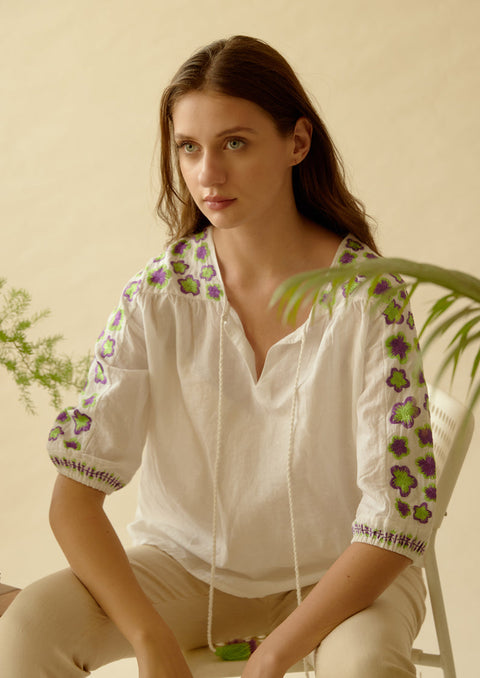 Be-Blu-Beatrice Linen Embroidered Top-INDIASPOPUP.COM