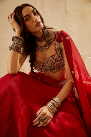 Bhumika Sharma-Red Ambi Jaal Lehenga Set-INDIASPOPUP.COM