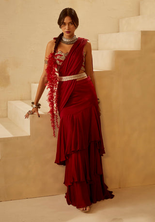 Bhumika Sharma-Red Cutwork Bustier Saree Set-INDIASPOPUP.COM