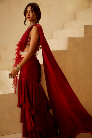 Bhumika Sharma-Red Cutwork Bustier Saree Set-INDIASPOPUP.COM