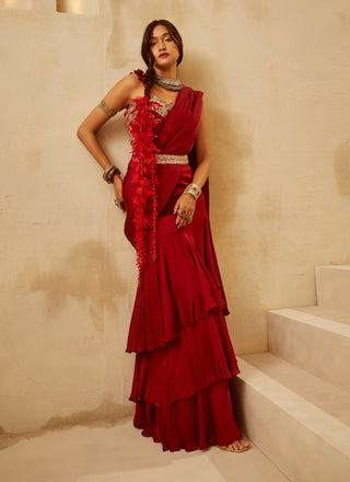 Bhumika Sharma-Red Cutwork Bustier Saree Set-INDIASPOPUP.COM