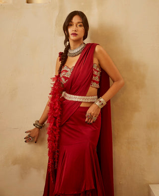 Bhumika Sharma-Red Cutwork Bustier Saree Set-INDIASPOPUP.COM