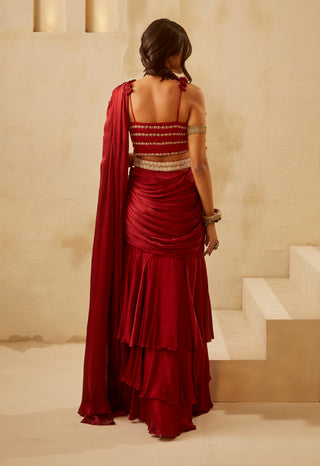 Bhumika Sharma-Red Cutwork Bustier Saree Set-INDIASPOPUP.COM