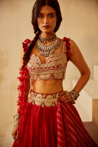 Bhumika Sharma-Red Organza Pleated Lehenga Set-INDIASPOPUP.COM