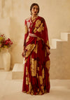 Bhumika Sharma-Red Dahlia Jacket Saree Set-INDIASPOPUP.COM