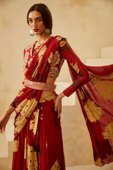 Bhumika Sharma-Red Dahlia Jacket Saree Set-INDIASPOPUP.COM