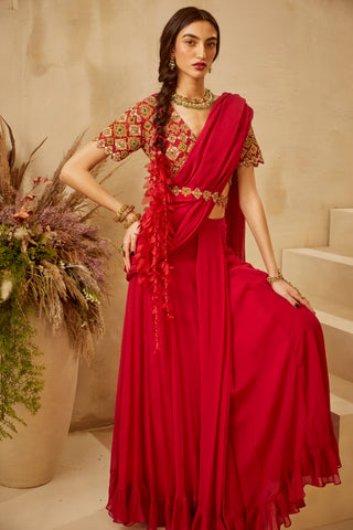 Bhumika Sharma-Red Zoya Pleated Saree Set-INDIASPOPUP.COM