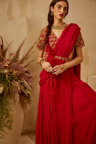 Bhumika Sharma-Red Zoya Pleated Saree Set-INDIASPOPUP.COM