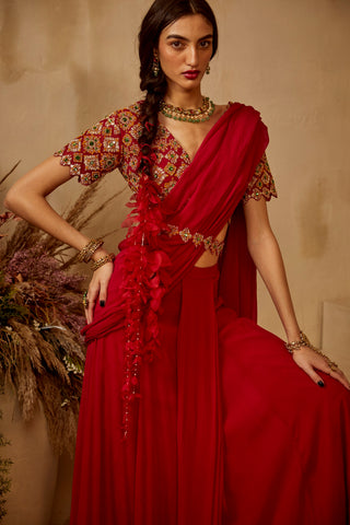 Bhumika Sharma-Red Zoya Pleated Saree Set-INDIASPOPUP.COM