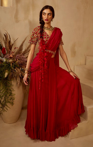 Bhumika Sharma-Red Zoya Pleated Saree Set-INDIASPOPUP.COM