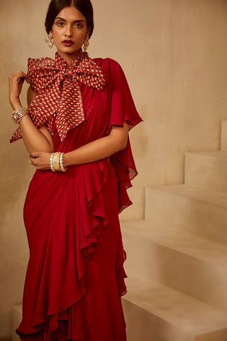 Bhumika Sharma-Red Bow Blouse Ruffle Saree Set-INDIASPOPUP.COM