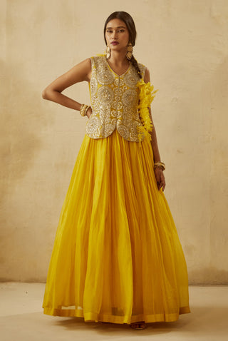 Bhumika Sharma-Yellow Embroidered Jacket Anarkali-INDIASPOPUP.COM