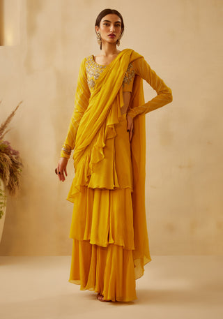 Bhumika Sharma-Yellow Embroidered Saree With Blouse-INDIASPOPUP.COM