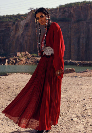 Bhumika Sharma-Red Kaftan Dress With Belt-INDIASPOPUP.COM