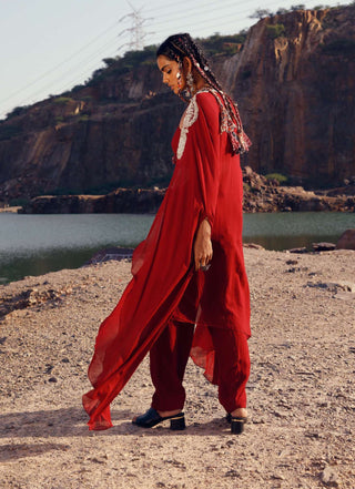 Bhumika Sharma-Red Embroidered Cape And Pant Set-INDIASPOPUP.COM
