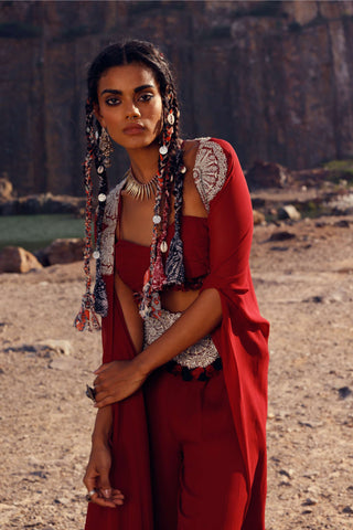 Bhumika Sharma-Red Embroidered Cape And Pant Set-INDIASPOPUP.COM