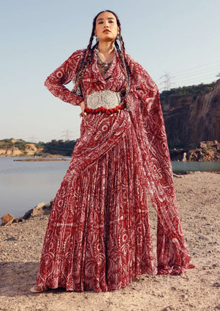 Bhumika Sharma-Red Geo Floral Print Palazzo Sari Set-INDIASPOPUP.COM