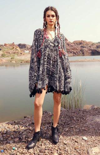 Bhumika Sharma-Black Geo Floral Cape Dress-INDIASPOPUP.COM