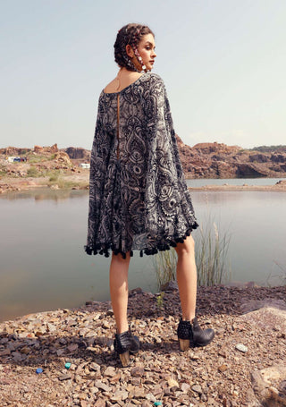Bhumika Sharma-Black Geo Floral Cape Dress-INDIASPOPUP.COM