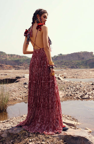Bhumika Sharma-Red Geo Floral Pleated Long Dress-INDIASPOPUP.COM