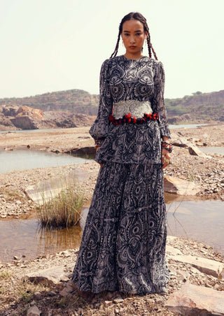 Bhumika Sharma-Black Geo Floral Peplum And Skirt Set-INDIASPOPUP.COM