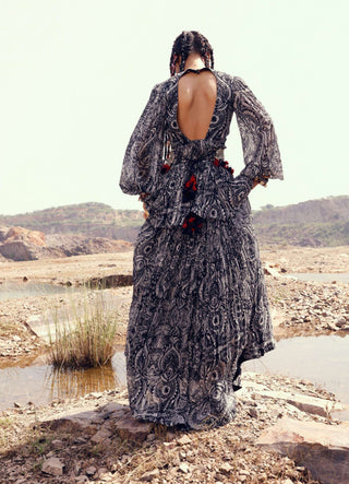 Bhumika Sharma-Black Geo Floral Peplum And Skirt Set-INDIASPOPUP.COM