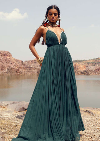Bhumika Sharma-Dark Green Pleated Dress-INDIASPOPUP.COM