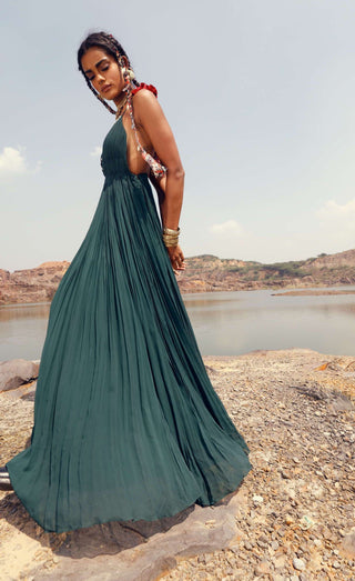Bhumika Sharma-Dark Green Pleated Dress-INDIASPOPUP.COM