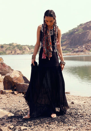 Bhumika Sharma-Black Embroidered Top With Pleated Skirt-INDIASPOPUP.COM
