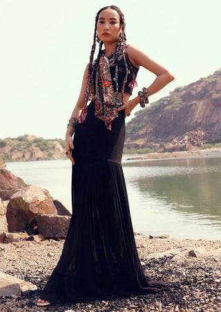 Bhumika Sharma-Black Embroidered Top With Pleated Skirt-INDIASPOPUP.COM