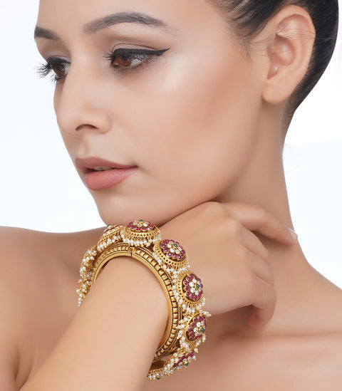 Preeti Mohan-Gold Plated Red & Green Flowers Bangle-INDIASPOPUP.COM