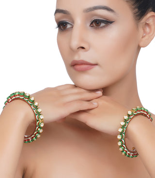 Preeti Mohan-Gold Plated Green Meena Kundan Bangles-INDIASPOPUP.COM
