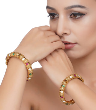 Preeti Mohan-Gold Plated Red & Green Kundan Bangles-INDIASPOPUP.COM