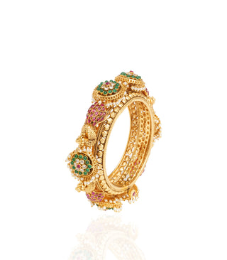 Preeti Mohan-Gold Plated Red & Green Peacock Temple Bangles-INDIASPOPUP.COM
