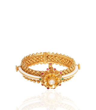 Preeti Mohan-Gold Plated Red Temple Bangle With Small Ghungroos-INDIASPOPUP.COM