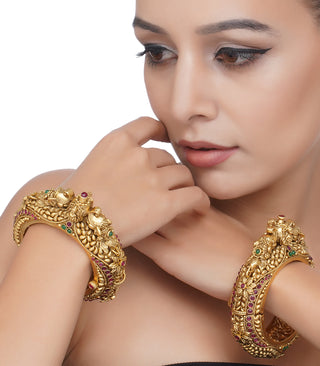 Preeti Mohan-Gold Plated Red & Green Peacock Temple Bangles-INDIASPOPUP.COM