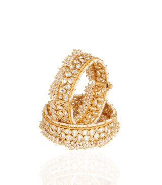 Preeti Mohan-Gold Plated Two Line Kundan Bangles With Pearls-INDIASPOPUP.COM