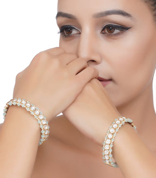 Preeti Mohan-Gold Plated Single Line Mint Kundan Bangles-INDIASPOPUP.COM