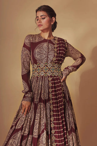 Bhumika Sharma-Burgundy Ambi Circle Print Belted Anarkali-INDIASPOPUP.COM