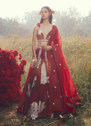 Bhumika Sharma-Red Dahlia Printed Lehenga Set-INDIASPOPUP.COM