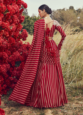 Bhumika Sharma-Red Nurekha Pre-Stitched Pleated Saree Set-INDIASPOPUP.COM