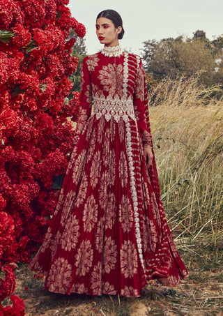 Bhumika Sharma-Red Tara Print Belted Anarkali With Dupatta-INDIASPOPUP.COM