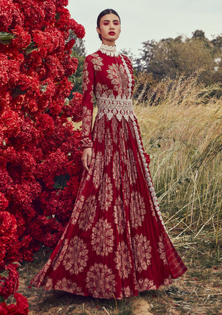 Bhumika Sharma-Red Tara Print Belted Anarkali With Dupatta-INDIASPOPUP.COM