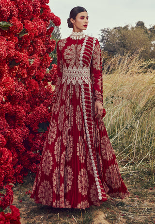 Bhumika Sharma-Red Tara Print Belted Anarkali With Dupatta-INDIASPOPUP.COM