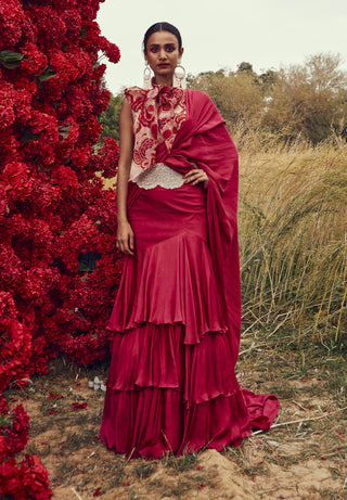 Bhumika Sharma-Fuschia Belted Layered Saree Set-INDIASPOPUP.COM