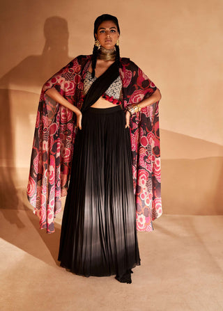 Bhumika Sharma-Black Pre-Stitched Palazzo Sari And Cape Set-INDIASPOPUP.COM